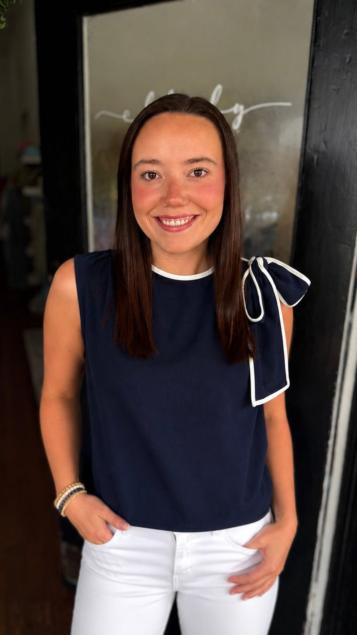 Pleated Shoulder Bow Top