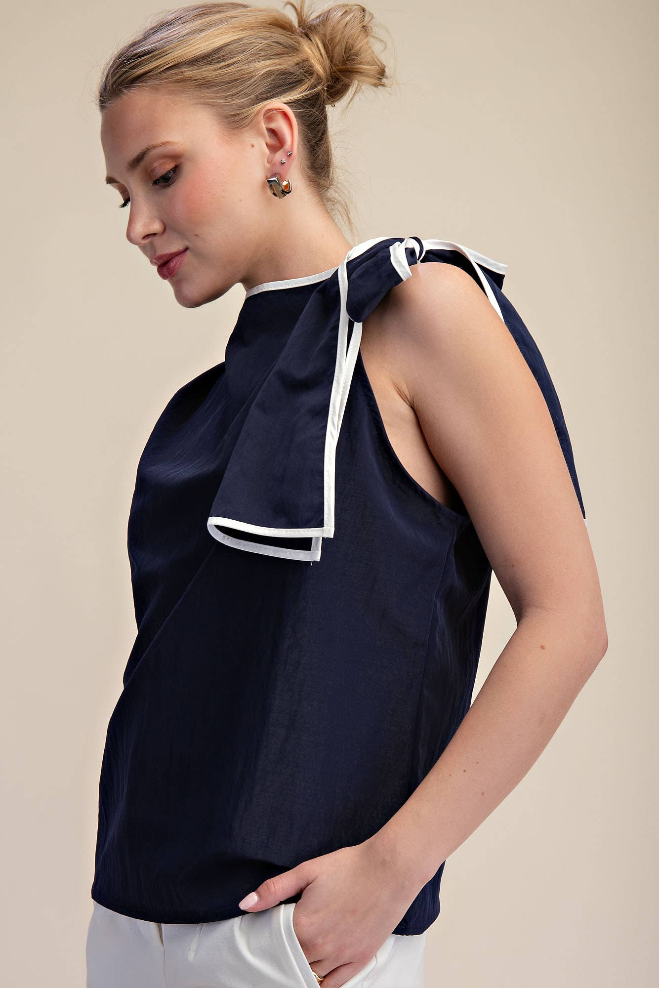 Pleated Shoulder Bow Top