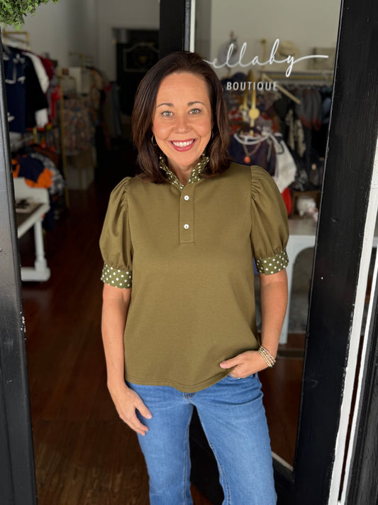 Olive Polka Trim Top
