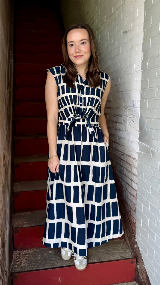 Navy Abstract Midi Dress