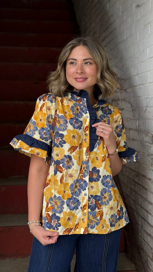Golden Blooms Ruffle Blouse
