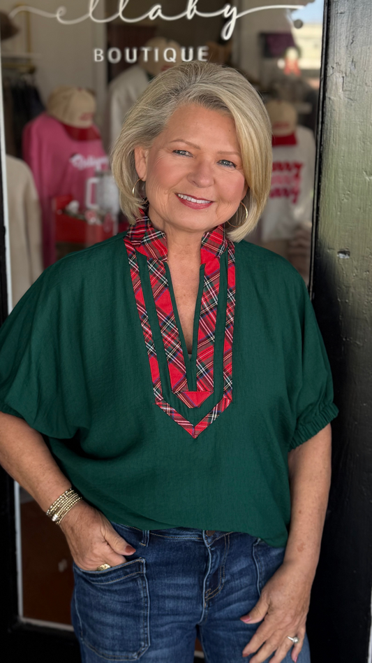 Evergreen Plaid Trim Top