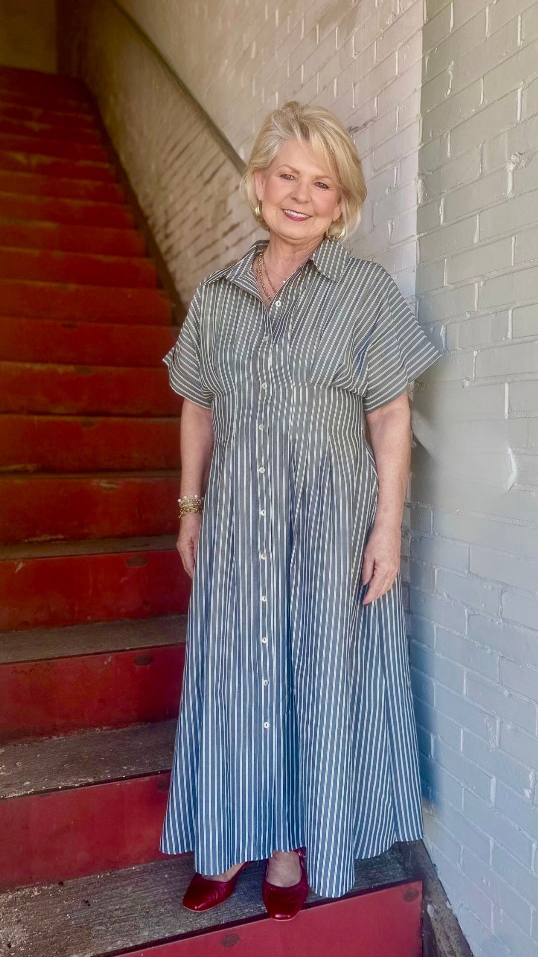 Long Button Front Gray Stripe