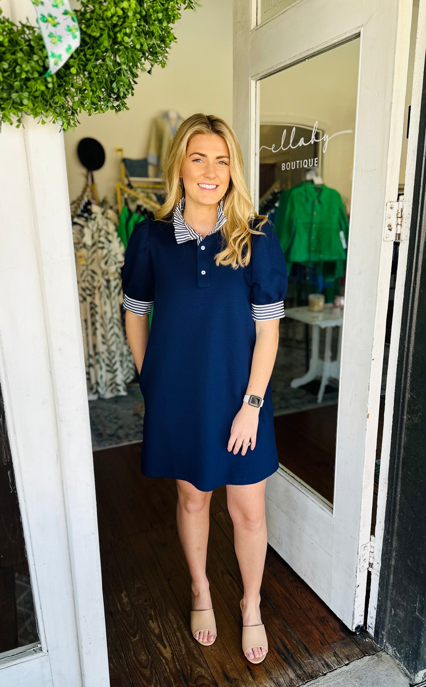 Stripe Collar Navy Dress