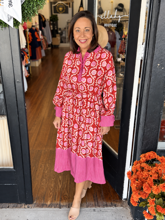 Mixed Print Midi Dress