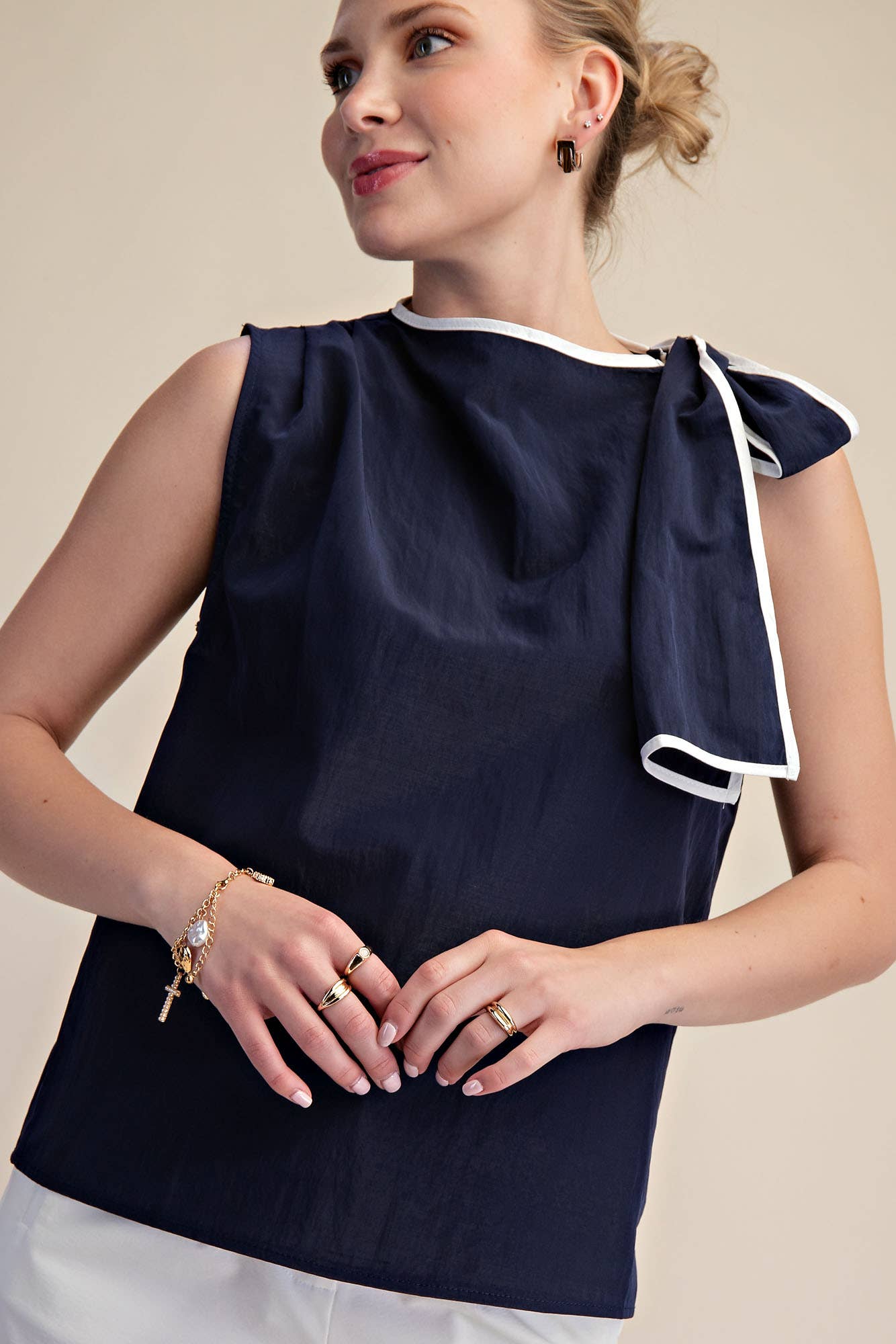 Pleated Shoulder Bow Top