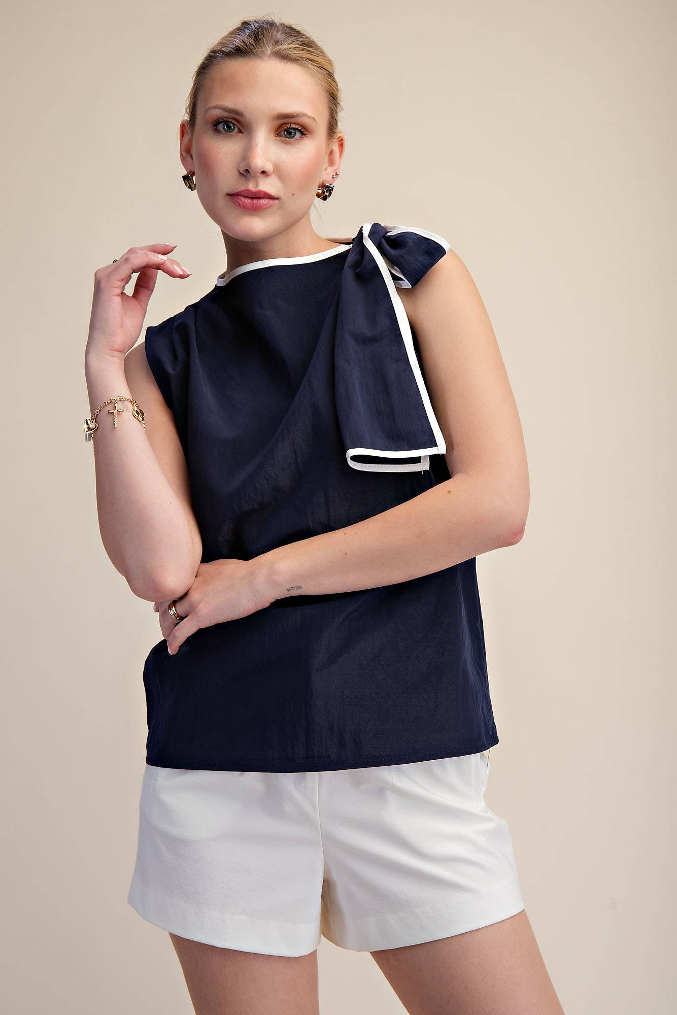 Pleated Shoulder Bow Top